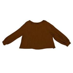 SHEIN Curve Waffle Knit V-Neck Top | Plus Size Brown Long Sleeve Pullover